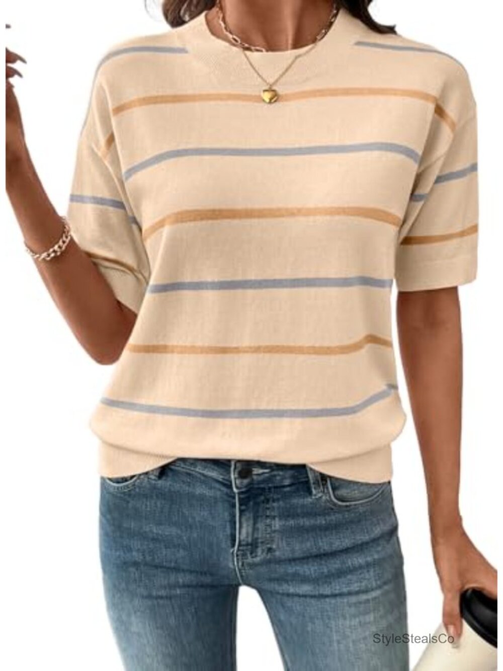 Womens Striped Crewneck Short Sleeve Knit Sweater Pullover Loose Fit Top